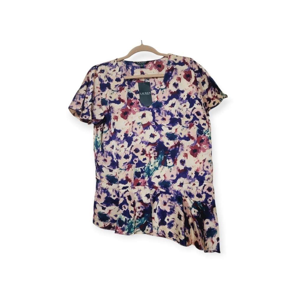 Lauren Ralph Lauren M NWT Asymetrical Ruffle Top Multi Floral Deep-V Silky Poly - Picture 5 of 8
